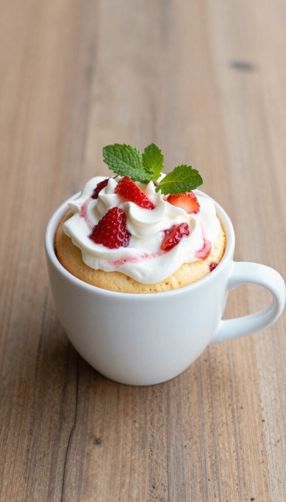 Mini strawberry mug cake with whipped cream and fresh strawberries on a wooden table.