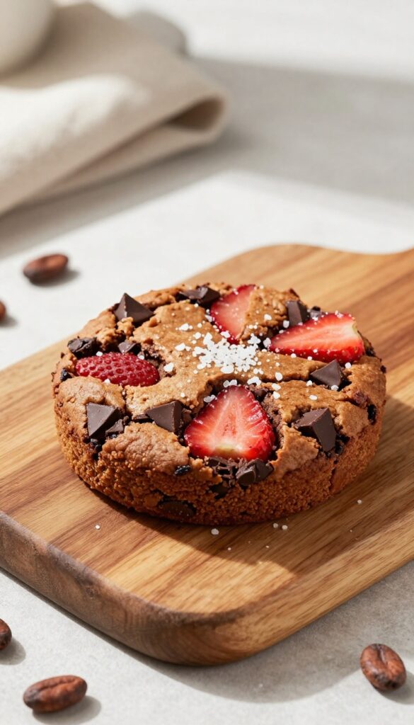 Dark chocolate strawberry blondie with flaky sea salt on a wooden board