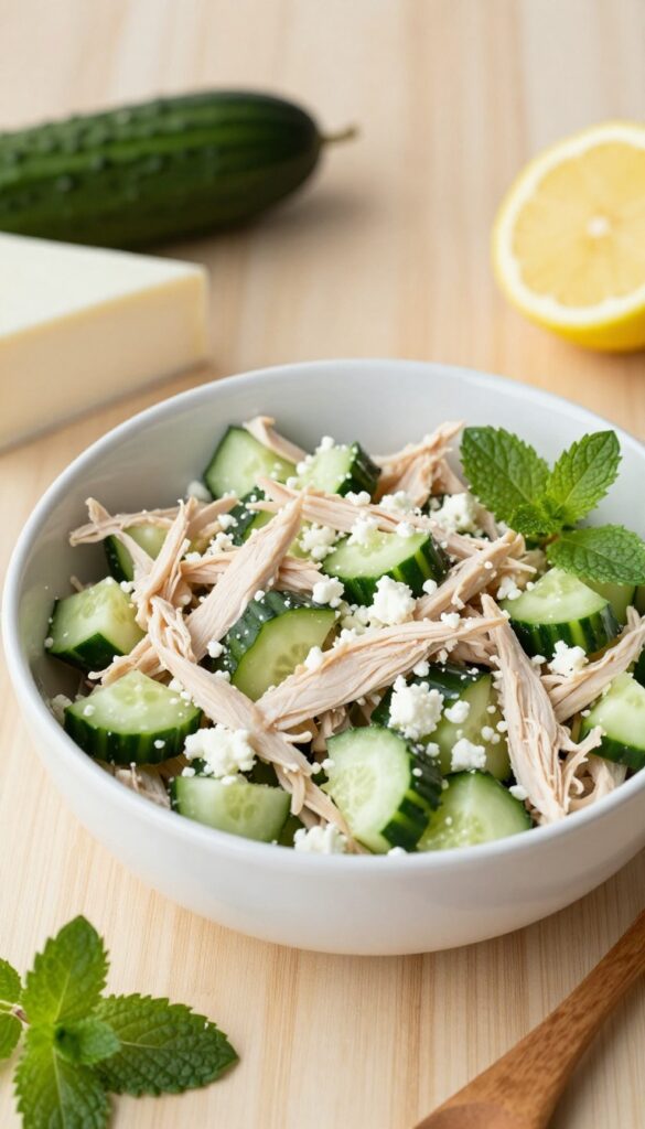 Cucumber-Mint Chicken Salad with Feta in a white bowl on a wooden table with fresh ingredients.