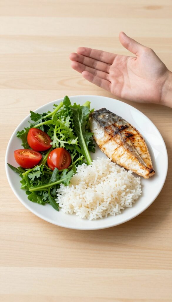 Plate portioned according to Pinggang Pinoy with vegetables, protein, and carbs, and hand showing portion size guide