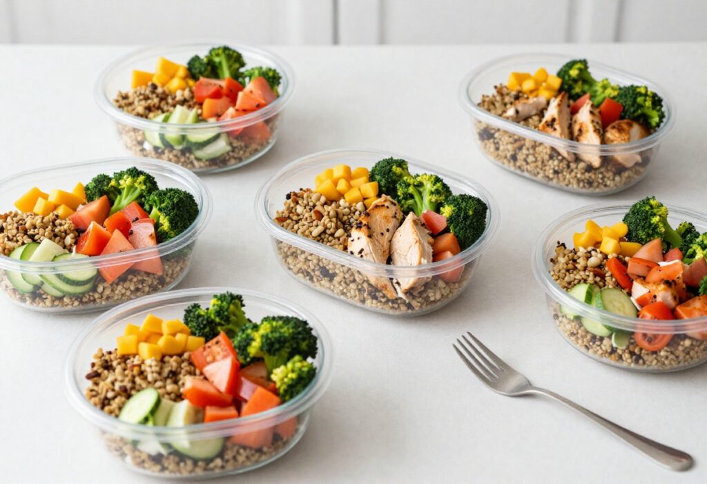 Meal prep containers with high-protein foods on a kitchen counter