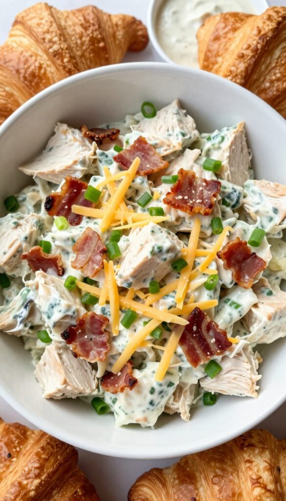 Ranch chicken salad in a white bowl with bacon, cheddar, and green onions, served with croissants and ranch dressing.
