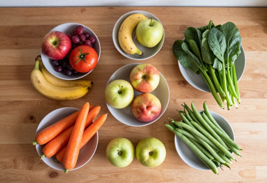 Assorted low-potassium fruits and vegetables on a wooden cutting board with a glass of water and notebook, representing a low potassium diet.