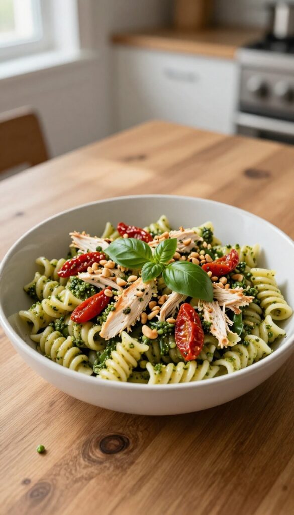 Pesto chicken pasta salad with sun-dried tomatoes and pine nuts in a bowl on a wooden table
