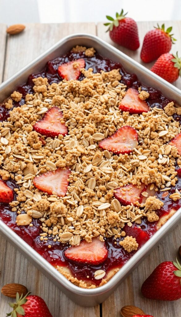 Gluten-free strawberry crumble bars in a baking pan with fresh strawberries and almonds on a wooden table.