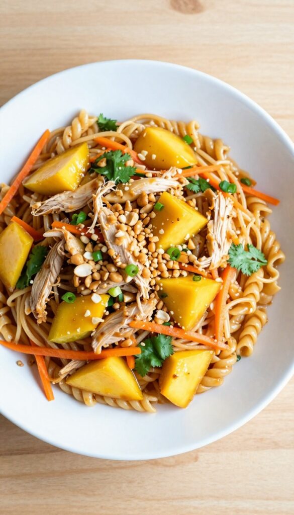 Thai peanut chicken pasta salad with mango and cilantro in a bowl