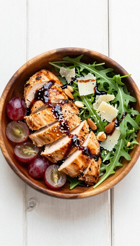 Balsamic chicken salad with grapes and arugula in a wooden bowl