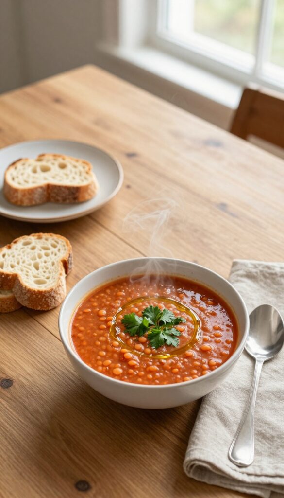A bowl of red lentil soup with crusty bread on a wooden table