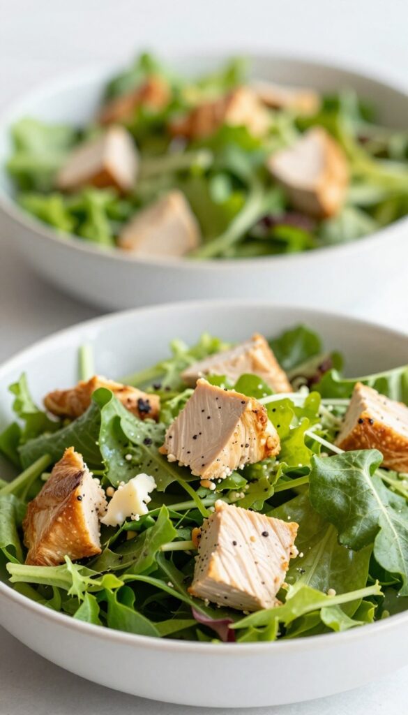 Chicken salad scooped onto a croissant with side salad
