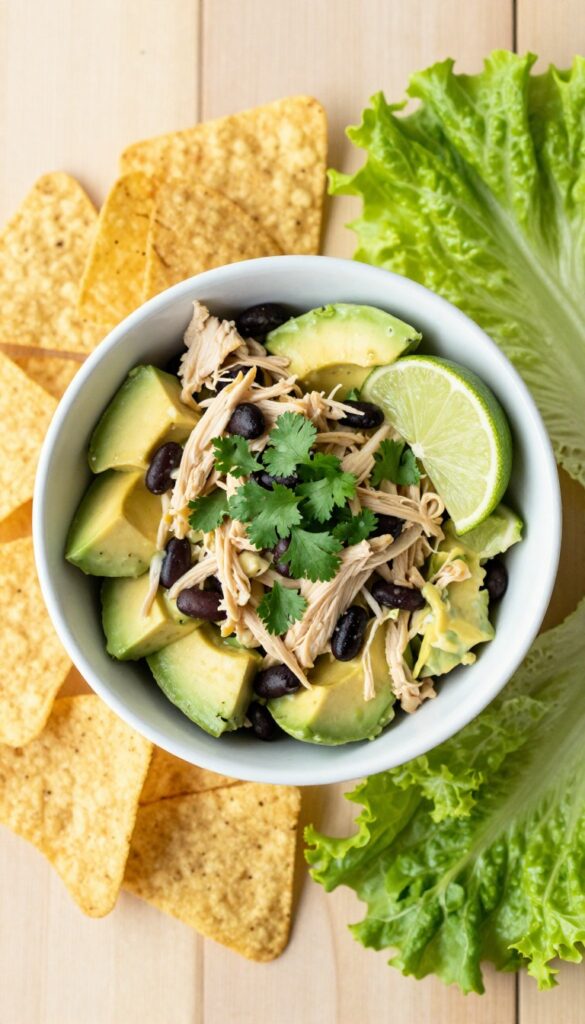 Avocado lime chicken salad with black beans in a white bowl, garnished with cilantro and lime wedges, with tortilla chips and lettuce cups on a wooden table.