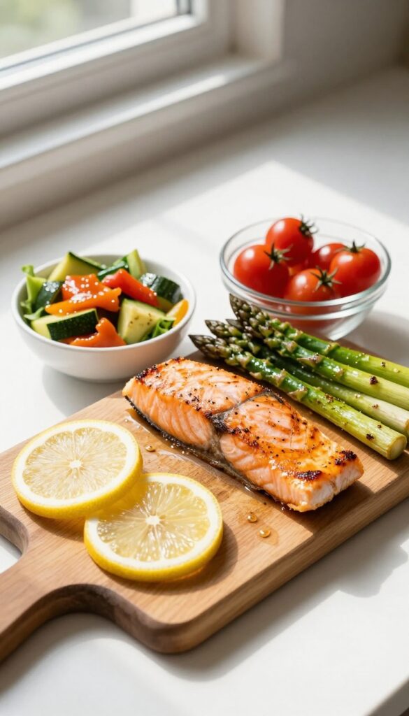 Overhead view of a low-carb meal with grilled salmon, roasted asparagus, sautéed bell peppers and zucchini, and a side salad on a wooden cutting board in natural light.