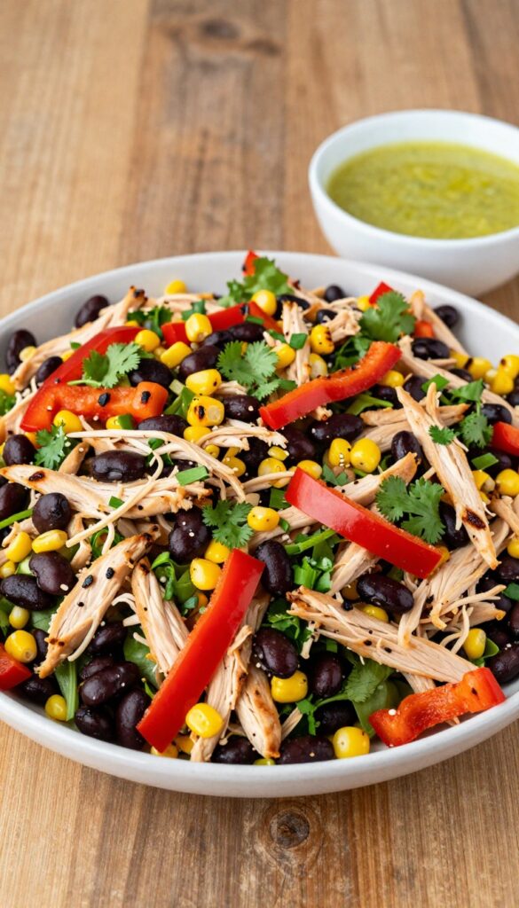 Overhead view of a smoky chicken and black bean salad with roasted corn, bell peppers, and cilantro on a wooden table.