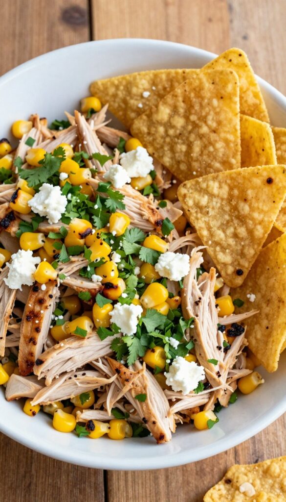 Bowl of classic Mexican street corn chicken salad with tortilla chips on a wooden table.