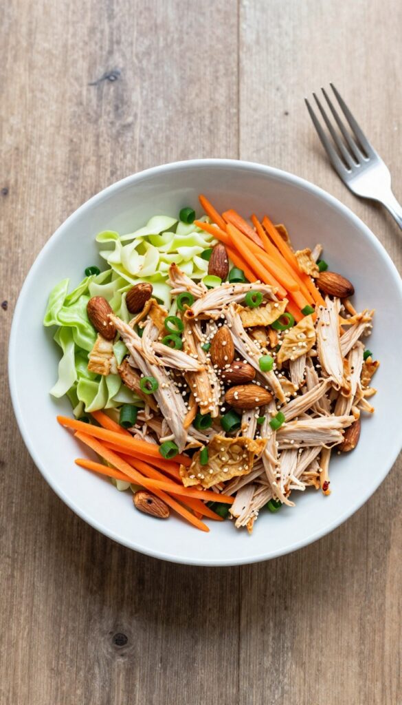 Ginger-soy chicken salad with almonds in a white bowl on a wooden table, overhead view, natural light