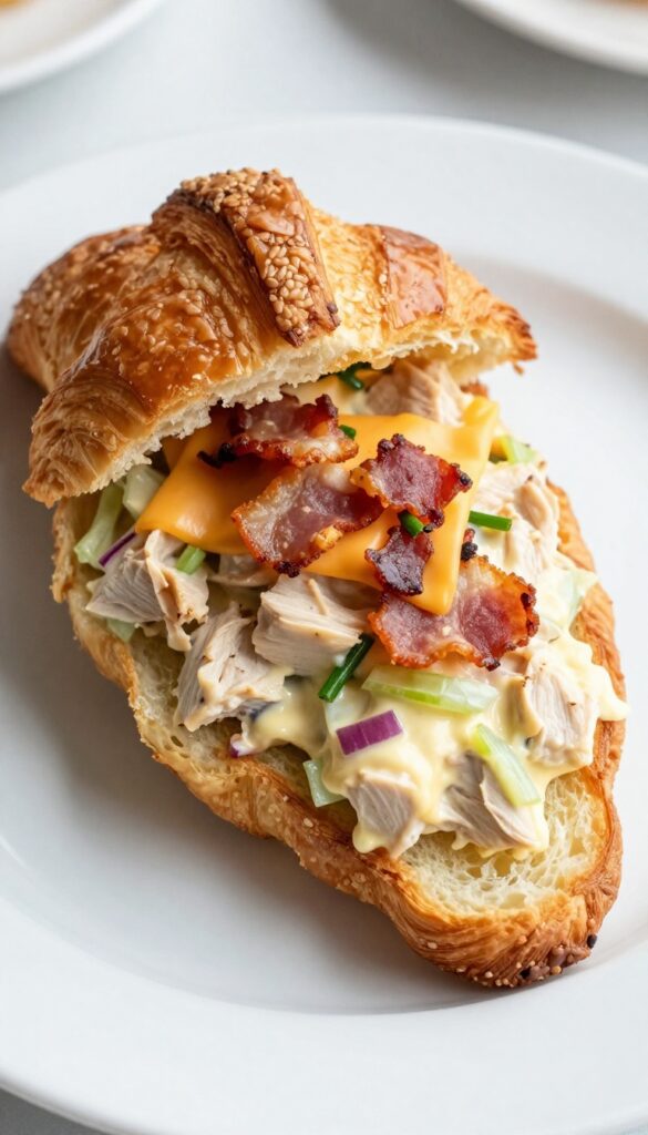 Smoky bacon and cheddar chicken salad on a croissant