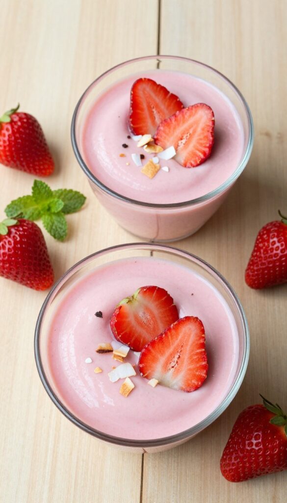 Two glasses of vegan coconut strawberry mousse topped with strawberry slices and toasted coconut on a wooden table.