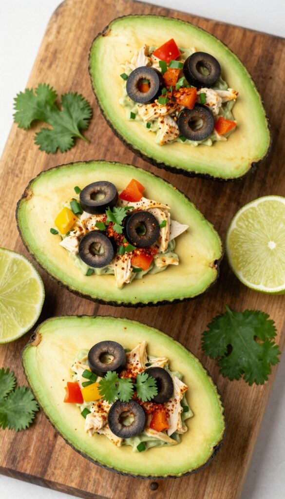Avocado halves stuffed with taco chicken salad and garnished with cilantro