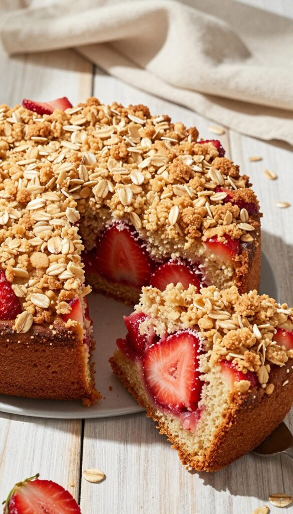 Strawberry crumb cake with oat topping on a wooden table, slice cut to show interior, natural light.