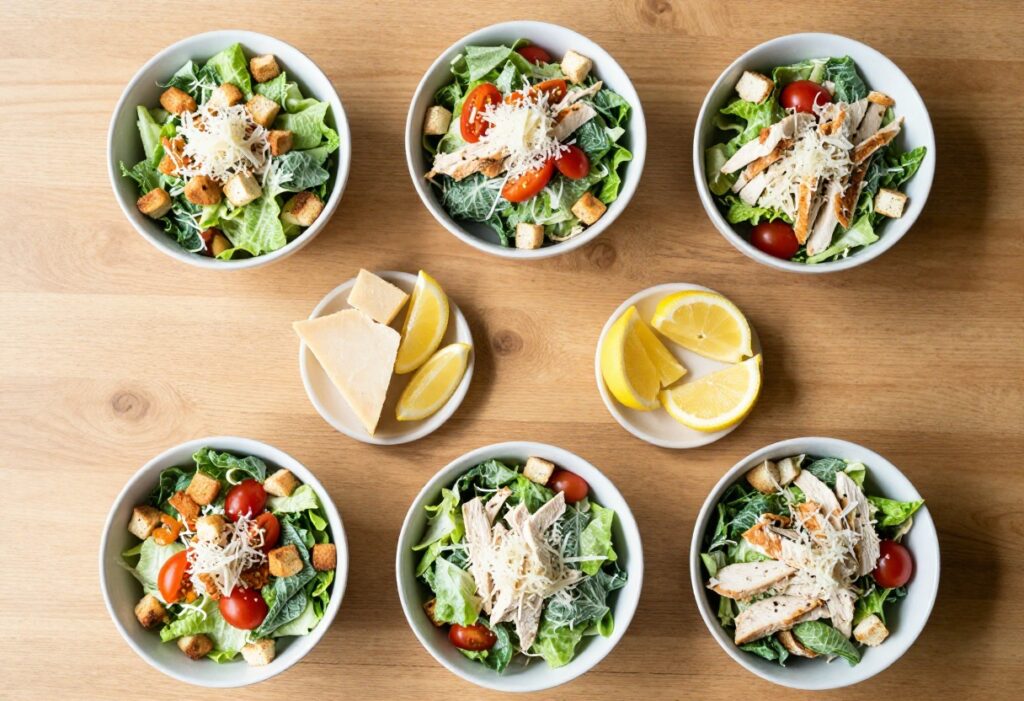 Seven bowls of Caesar chicken salad variations on a wooden table