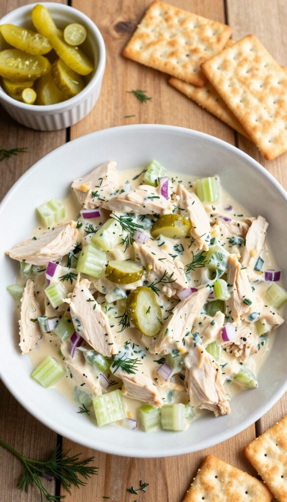 Dill pickle chicken salad in a white bowl with crackers and pickle slices on a wooden table