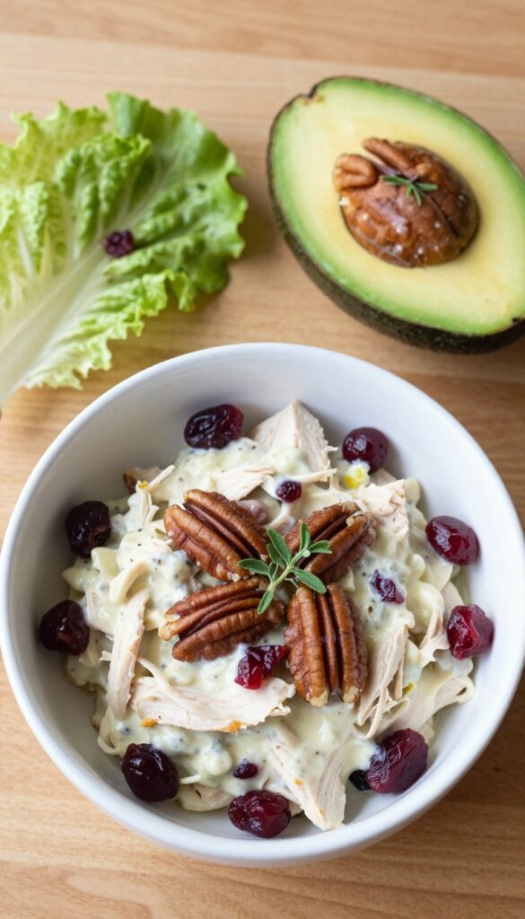 Cranberry tarragon chicken salad with toasted pecans in a bowl and stuffed in an avocado half.