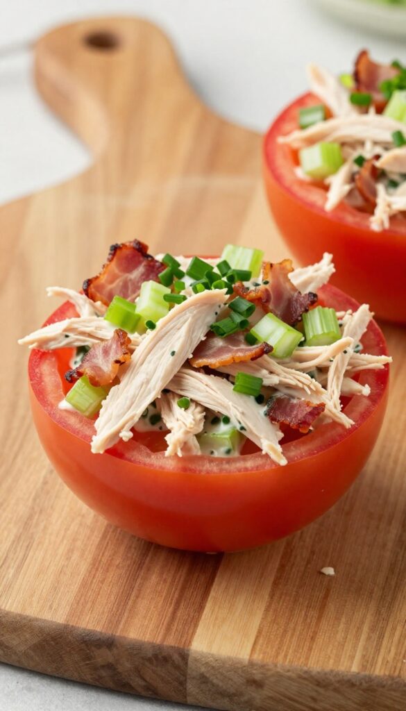 Bacon and ranch chicken salad stuffed in a tomato half on a wooden board