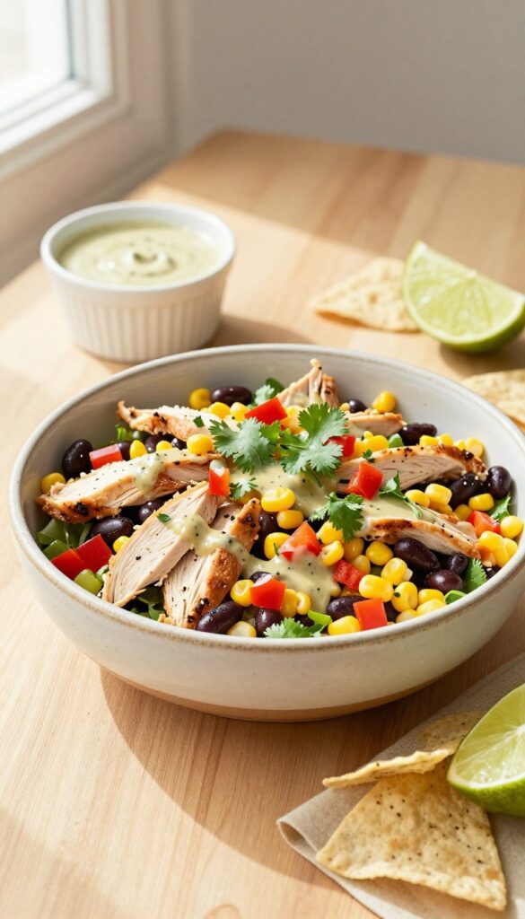 Southwest corn and black bean chicken salad in a bowl with tortilla chips and lime wedge on a wooden table.