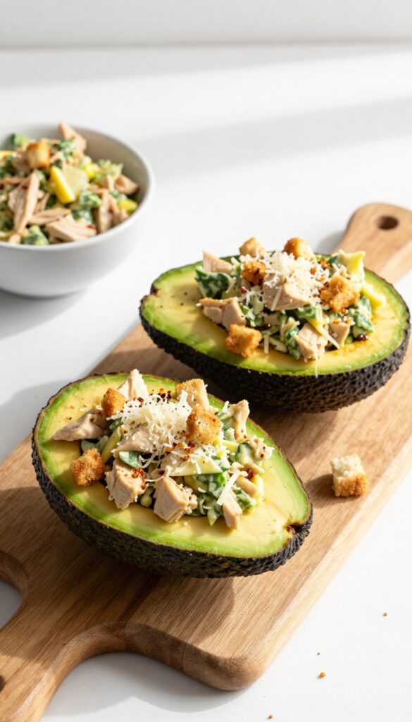 Stuffed avocado halves with Caesar chicken salad on a wooden board
