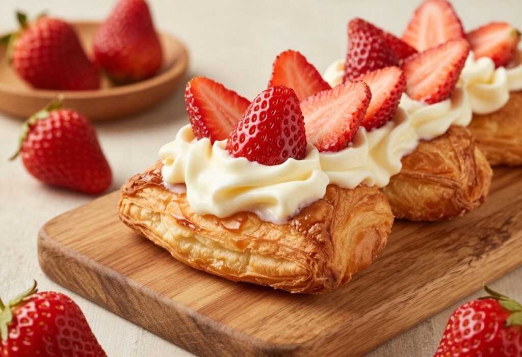 Golden strawberry cream cheese Danish on a wooden board with icing drizzle