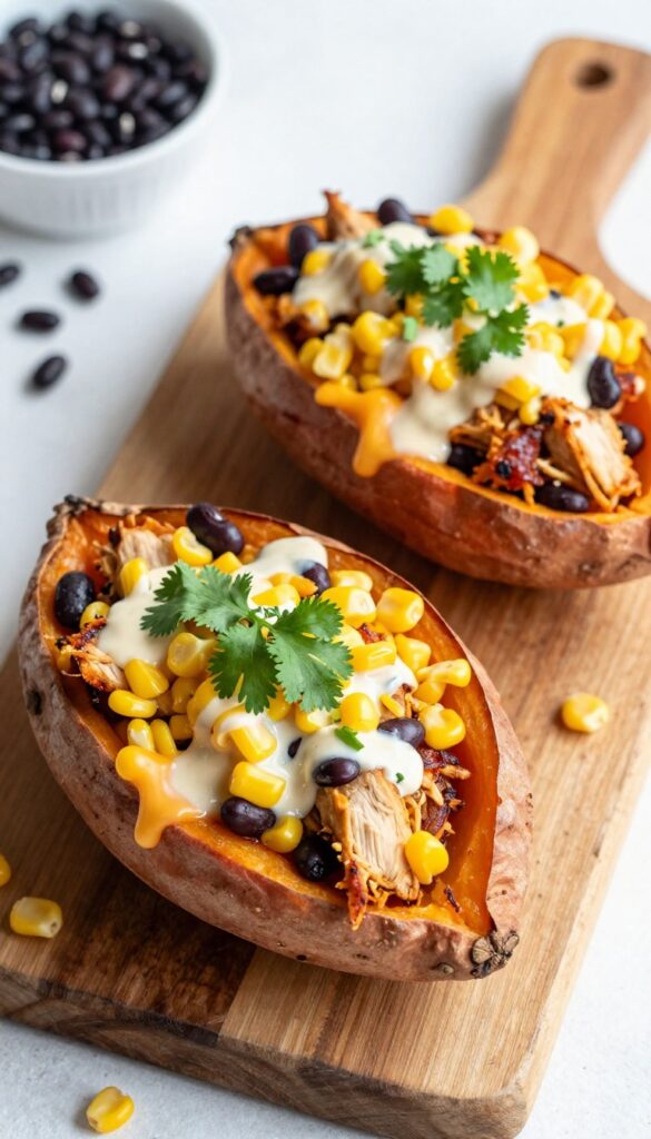 BBQ chicken salad stuffed sweet potatoes with melted cheddar and ranch drizzle