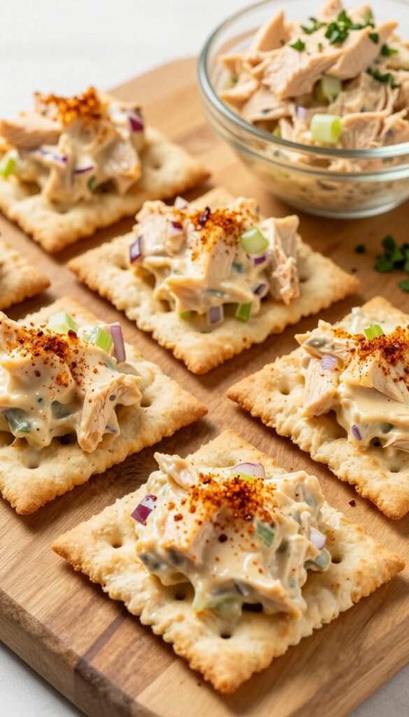 Smoky paprika chicken salad on crackers