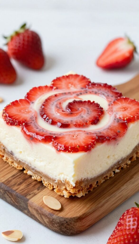 Vegan strawberry cheesecake bars with cashew cream on a wooden board