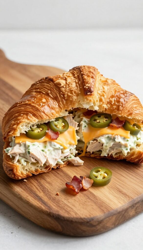 Jalapeño Popper Chicken Salad Sandwich on a croissant, with creamy filling and visible jalapeño and cheddar chunks, on a wooden board.