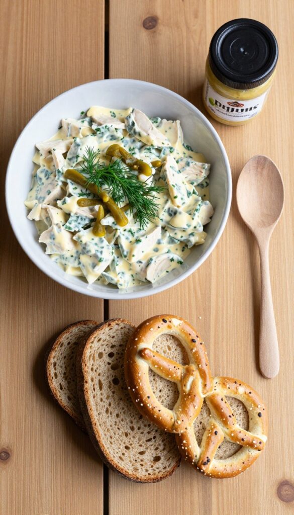Creamy Dijon mustard and herb chicken salad on a wooden table with rye bread and pretzel rolls.