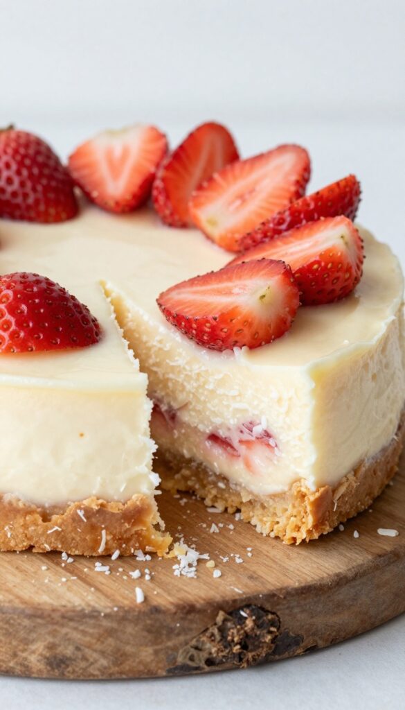 Vegan mini strawberry cheesecake with coconut-almond crust and strawberry swirls