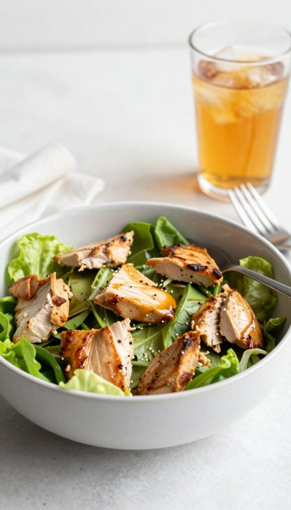 Chicken salad bowl with fork and iced tea in background