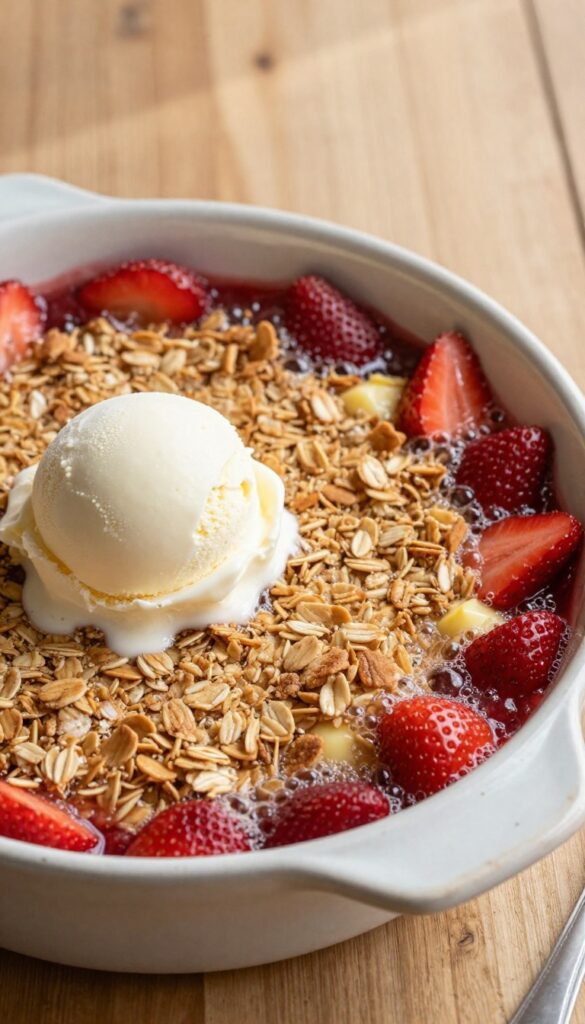 Classic buttery strawberry crisp in a baking dish with golden oat topping and melting vanilla ice cream