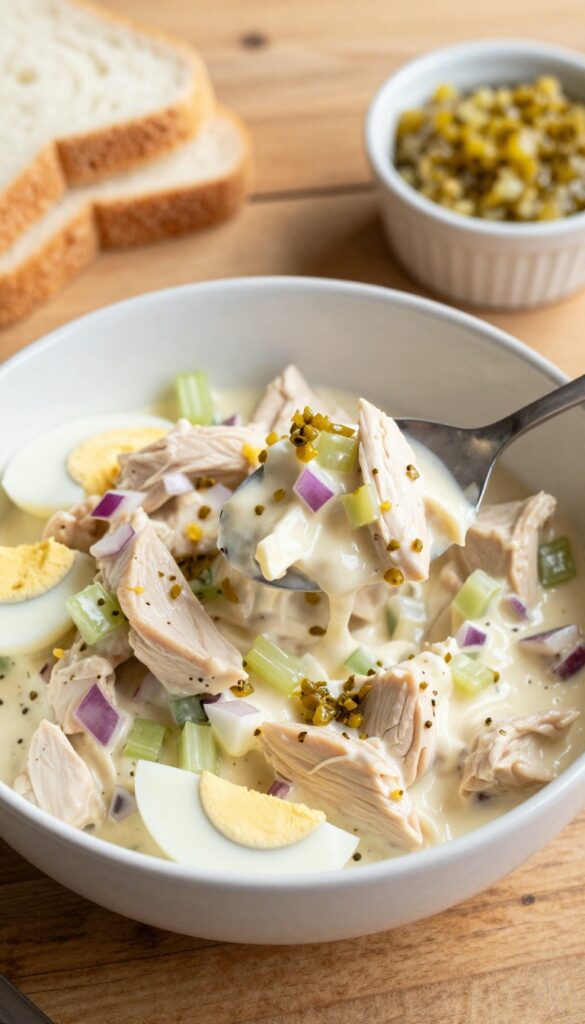 Creamy chicken salad with sweet pickle relish, celery, and hard-boiled eggs in a bowl on a wooden table, with bread slices nearby.