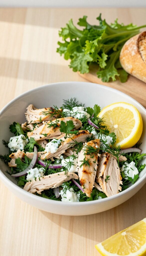 Lemon herb chicken salad in a white bowl with fresh dill and lemon wedge, served with a crusty roll and mixed greens on a wooden table.