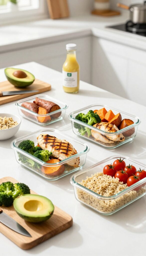 Meal prep containers with chicken, sweet potatoes, broccoli, tomatoes, and quinoa on a kitchen counter.