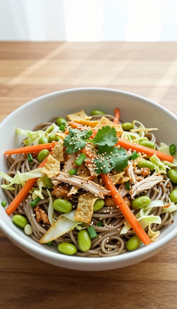 Asian sesame chicken pasta salad with edamame and cabbage in a white bowl, overhead view