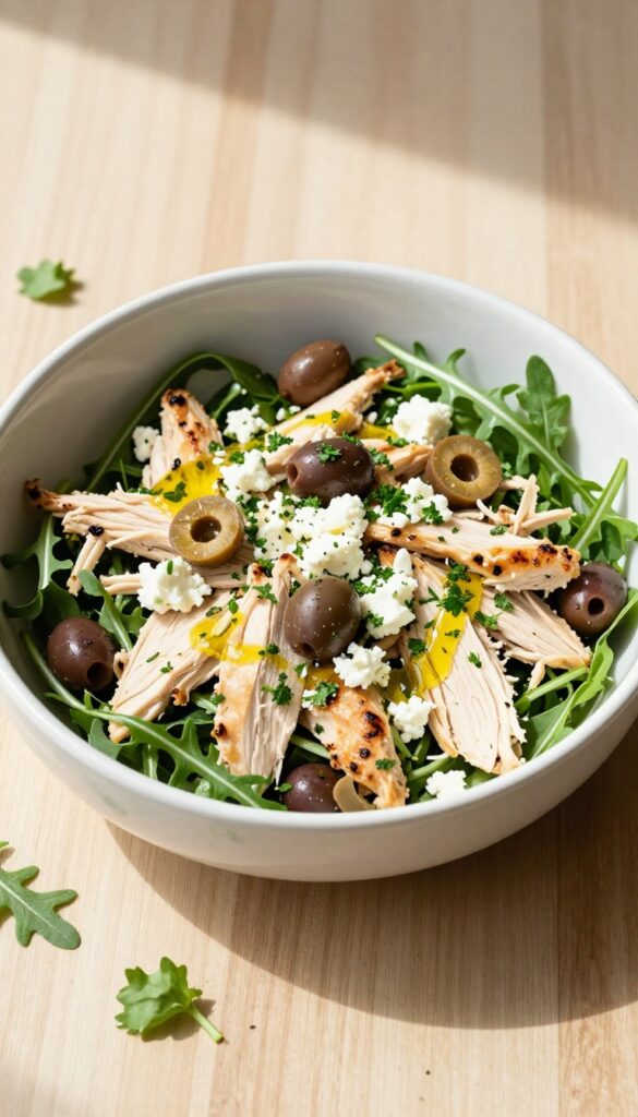 Lemon herb chicken salad with feta and olives in a white bowl on a wooden table with arugula