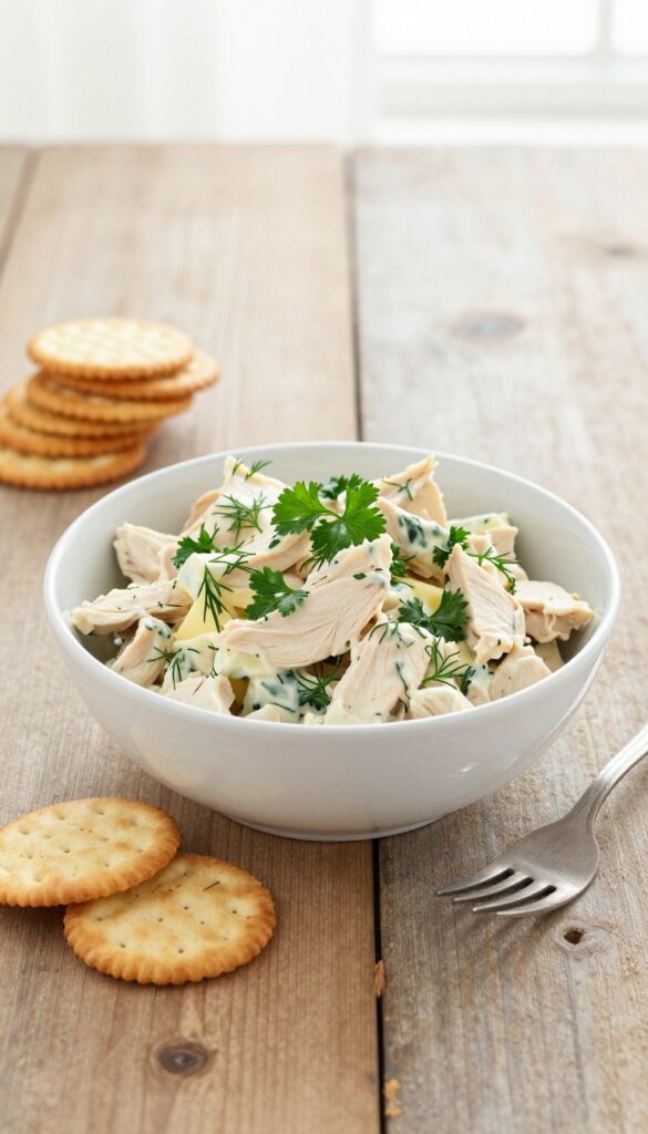 Creamy chicken salad in a white bowl with fresh herbs and buttery crackers on a wooden table.