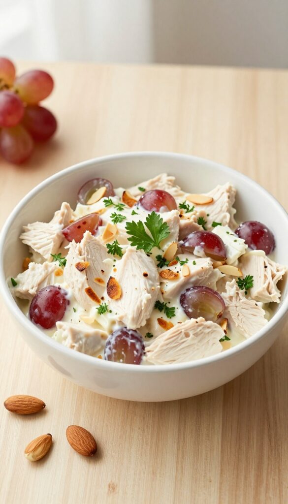 Bowl of creamy chicken salad with red grapes and toasted almonds on a wooden table.