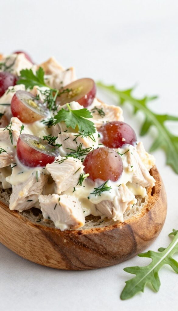 Greek yogurt chicken salad with grapes and herbs in a wooden bowl on a table