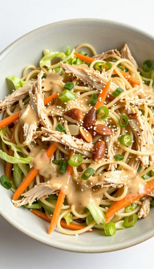 Sesame noodle chicken salad in a bowl with chow mein noodles, shredded chicken, cabbage, carrots, and creamy sesame dressing, topped with almonds and scallions.