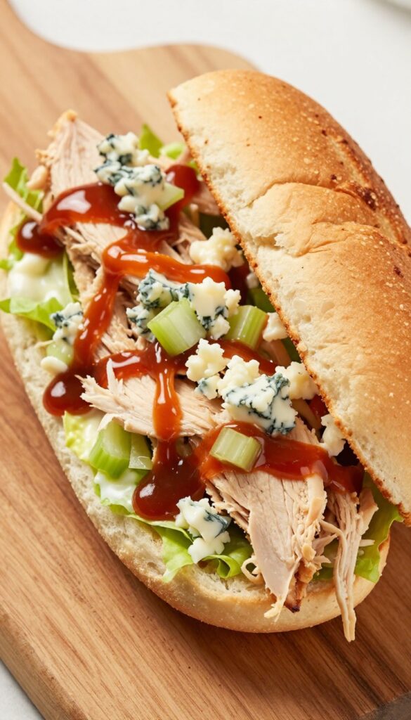 Spicy buffalo blue cheese chicken salad sandwich on a wooden board, cut in half, showing shredded chicken, blue cheese crumbles, and celery in a toasted brioche bun.