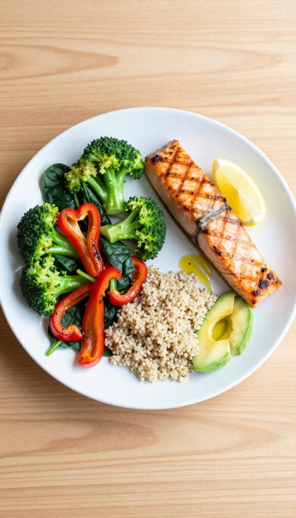 A balanced plate with half vegetables, a quarter salmon, and a quarter quinoa, illustrating the plate method for prediabetes.