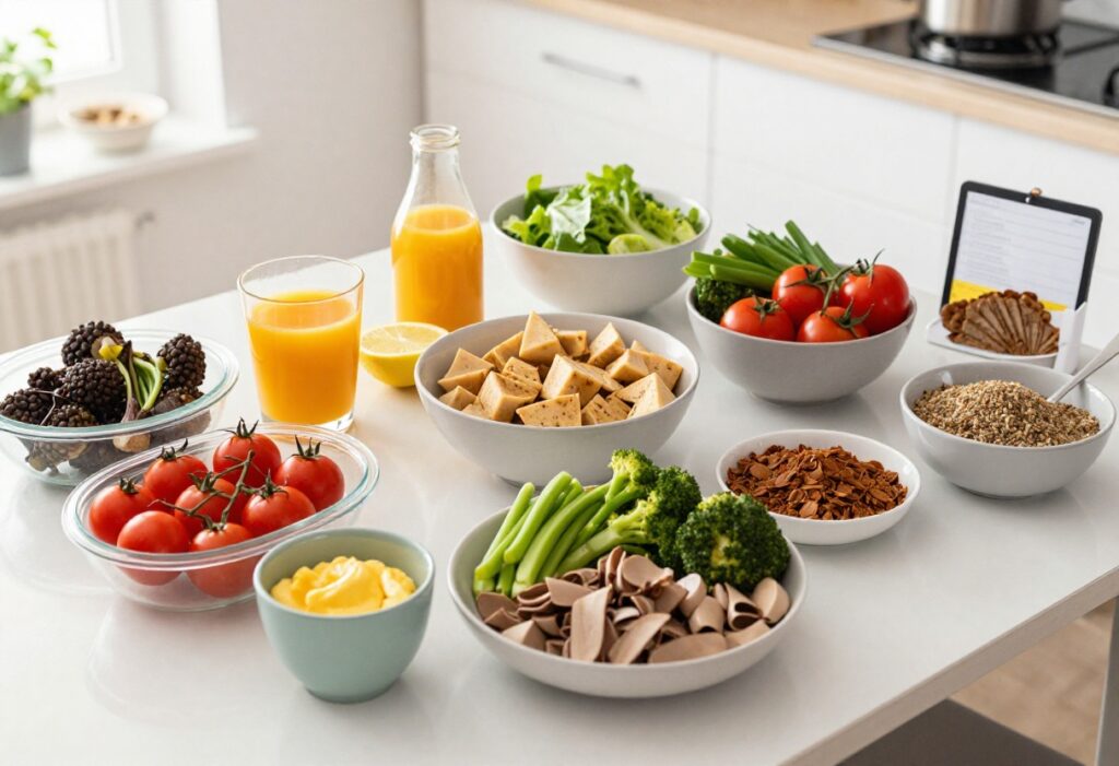 Keto meal plan with low-carb dishes on a wooden table