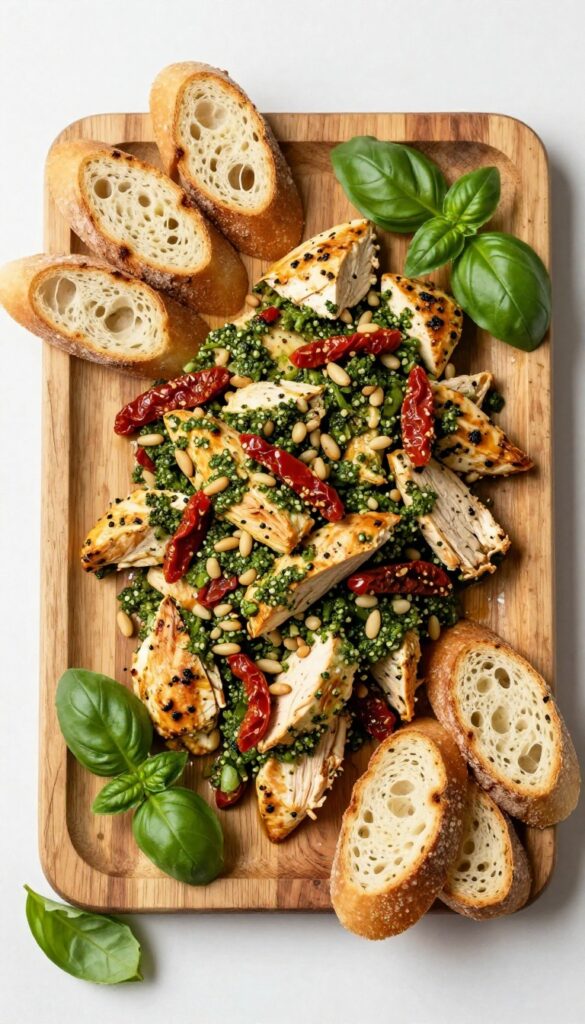 Pesto chicken salad with sun-dried tomatoes and pine nuts on a wooden platter with crostini